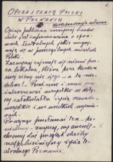 Twórczość Emila Zegadłowicza : Opera i Teatr Polski w Poznaniu, brulion artykułu