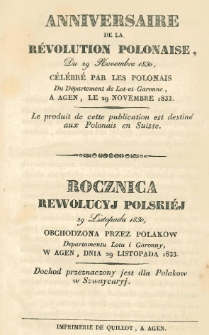 Anniversaire de la révolution polonaise, Du 29 Novembre 1830, célébré par les Polonais Du Département de Lot-et-Garonne, a Agen, le 29 Novembre 1833