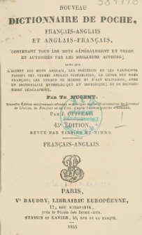 Nouveau dictionnaire de poche, français-anglais et anglais-français : contenant tous les mots généralement en usage et autorisés par les meilleurs auteurs; [...] : français-anglais